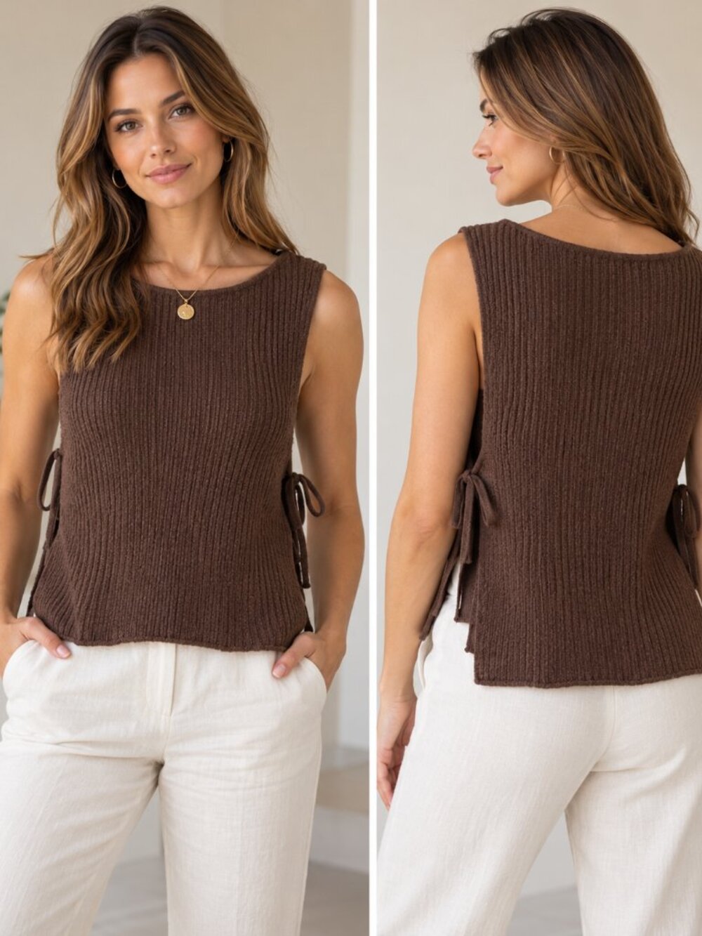 FP Beach Sz XS Brown Ribbed Knit Side Tie Tank Top Boho Coastal Quiet Luxury
